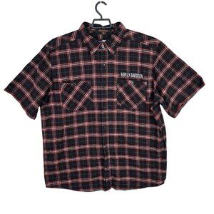 Mens Harley-Davidson Red & Black Plaid Button Up Shirt Short Sleeve Cotton 2XL